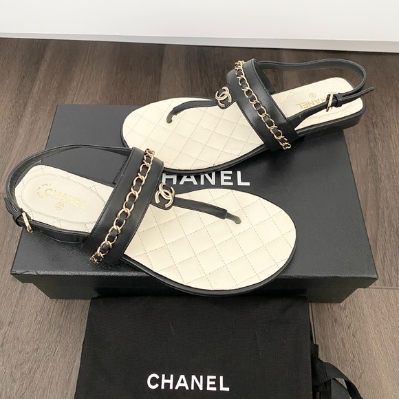 2023 CHANEL CC LOGO BLACK THONG LEATHER FLAT SHOES SANDALS 40 - Picture 4 of 16